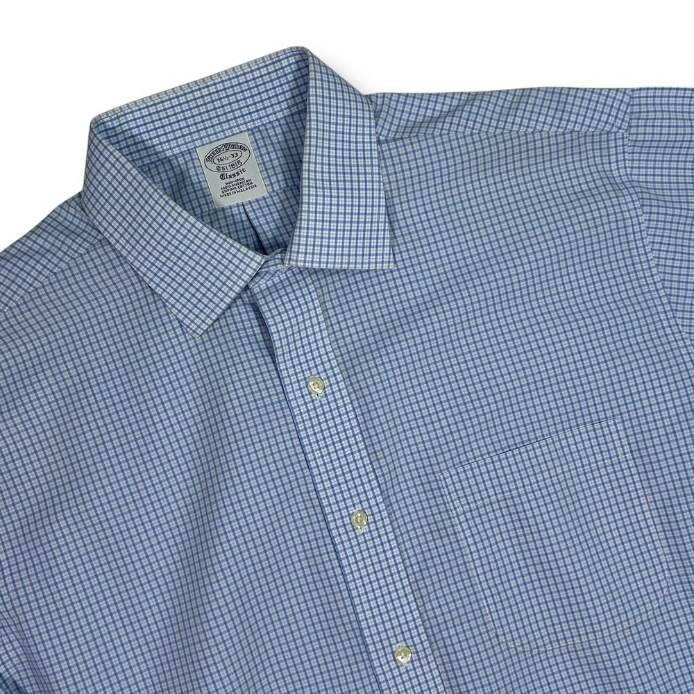 Brooks Brothers Classic Fit Non-Iron Button Down‎ Shirt Blue Check Mens 16½-33